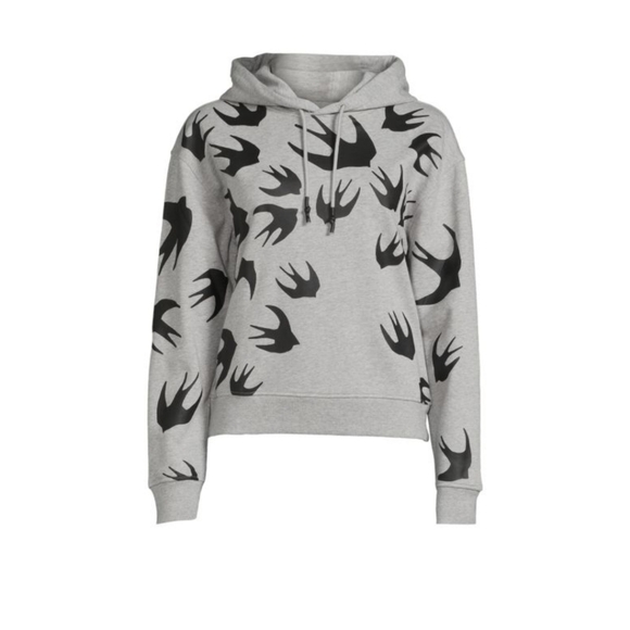 Alexander McQueen Sweaters - 76. ALEXANDER MCQUEEN  Gray and Black Swallow Print Hoodie Sweater